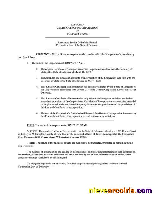 USA Delaware certificate of incorporation, version 3